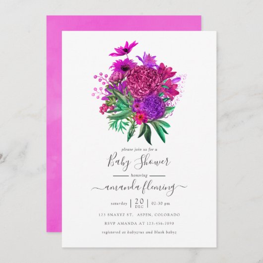 明るい赤紫色と紫みすぼらしいフローラの赤ちゃんシャワー 招待状 (正面/裏面)