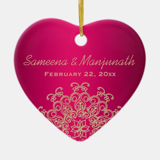 明るい赤紫色と金ゴールドインディアンスタイルウェディングパーティーの好意 セラミックオーナメント (正面)