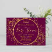 明るい赤紫色と金ゴールドモダン牡丹トイレベビーシャワー 箔招待状 (立ち正面)
