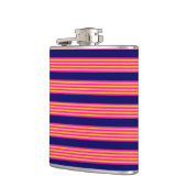 明るい赤紫色と黄ストライプ色のネイビーブルー フラスク (左)