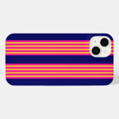 明るい赤紫色と黄ストライプ色のネイビーブルー iPhoneケース (裏面横)