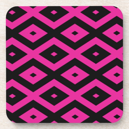 明るい赤紫色と黒のダイヤモンドパターン コースター (正面)