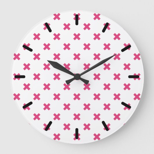 明るい赤紫色の白いクロスステッチ ラージ壁時計 (正面)