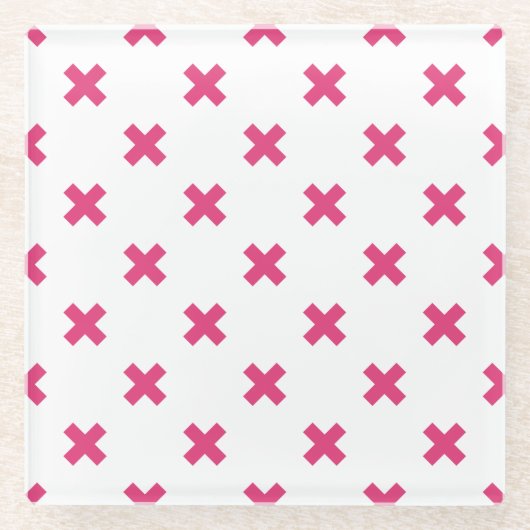 明るい赤紫色の白いステッチ ガラスコースター (正面)