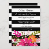 明るい赤紫色を結婚する白黒ストライプのな花 招待状 (正面/裏面)