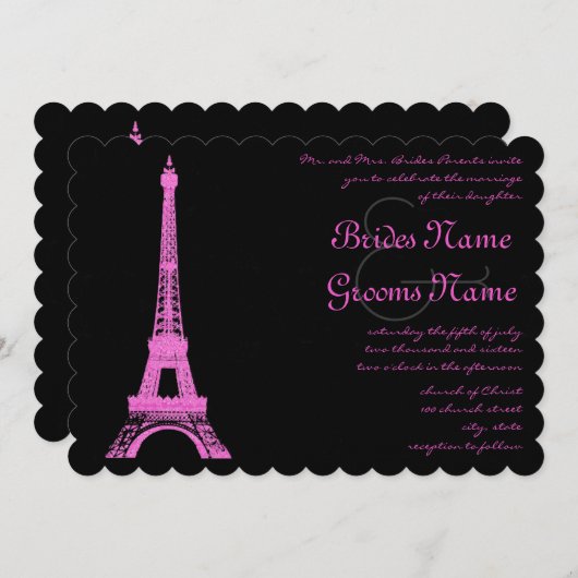 明るい赤紫色エッフェルタワー結婚式招待状 招待状 (正面/裏面)