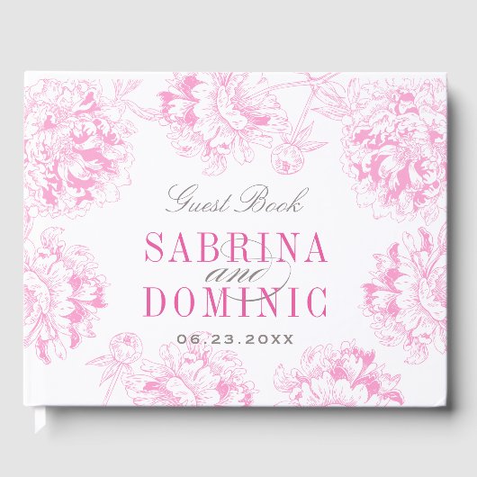 明るい赤紫色エレガントピンクとグレーのフローラ牡丹結婚の ゲストブック (正面)