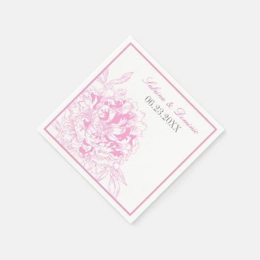 明るい赤紫色エレガントピンクとグレーのフローラ牡丹結婚の スタンダードカクテルナプキン (角)
