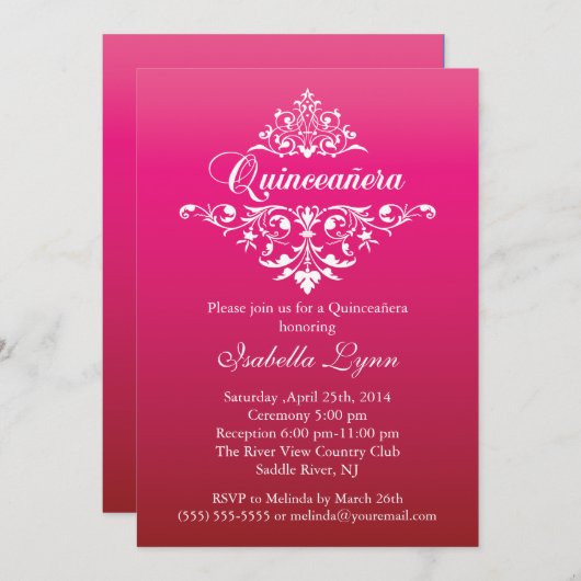 明るい赤紫色エレガントピンクキンセニグラデーションラパーティー 招待状 (正面/裏面)