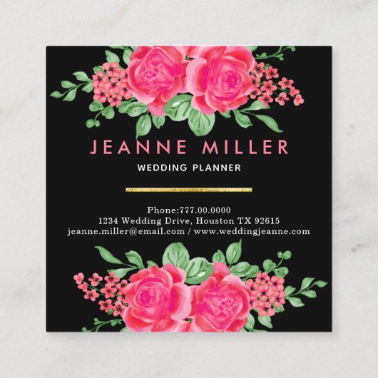 明るい赤紫色エレガントピンクローズフラワーウェディングプランナー スクエア名刺 (裏面)