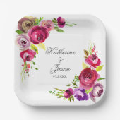 明るい赤紫色エレガントピンクローズロマンチック庭園の結婚式 ペーパープレート (正面)
