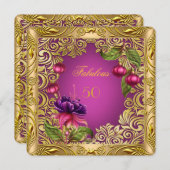 明るい赤紫色エレガントピンク金ゴールド50th誕生日パーティー 招待状 (正面/裏面)