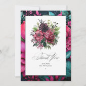 明るい赤紫色エレガント&エメラルドグリーンフローラブリス サンキューカード (正面)