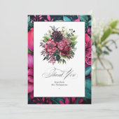 明るい赤紫色エレガント&エメラルドグリーンフローラブリス サンキューカード (スタンド正面)