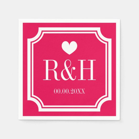 明るい赤紫色カスタムピンクモノグラムのウェディングパーティー スタンダードカクテルナプキン (正面)