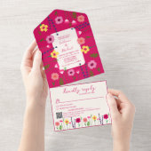 明るい赤紫色カラフルピはっきりしたンク&ブライトフローラ結婚ズ オールインワン招待状 (貼ってはがせる)