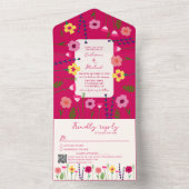 明るい赤紫色カラフルピはっきりしたンク&ブライトフローラ結婚ズ オールインワン招待状 (内側)