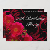 明るい赤紫色ガーデンバラ女子50歳バースデーパーティー 招待状 (正面/裏面)