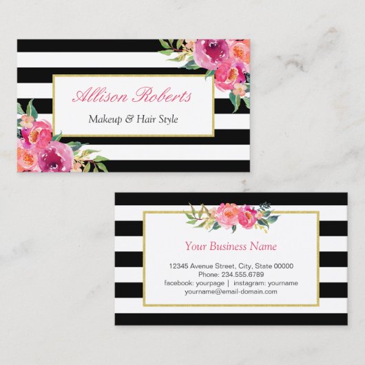 明るい赤紫色ガーリーフローラメイクアップアーティスト美しいサロン 名刺 (正面/裏面)