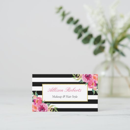 明るい赤紫色ガーリーフローラメイクアップアーティスト美しいサロン 名刺 (スタンド正面)