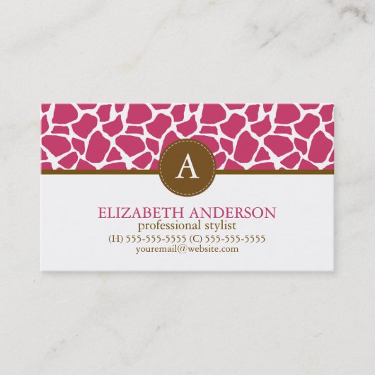 明るい赤紫色キリン模様モノグラム 名刺 (正面)