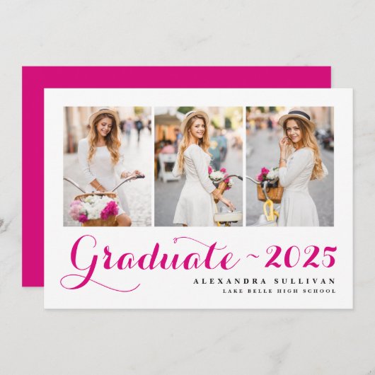 明るい赤紫色クラス2025 Photo Collage卒業 招待状 (正面/裏面)