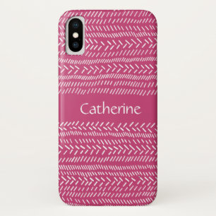 明るい赤紫色シンプルピンクホワイトストライプBoho名前の追加 iPhone X ケース