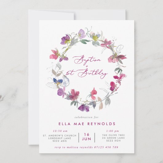 明るい赤紫色スイートピーリースバプテスマ&第1誕生日イン 招待状 (正面)