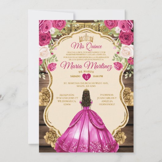 明るい赤紫色スペインのピンクフローラウッドミスカンス 招待状 (正面)