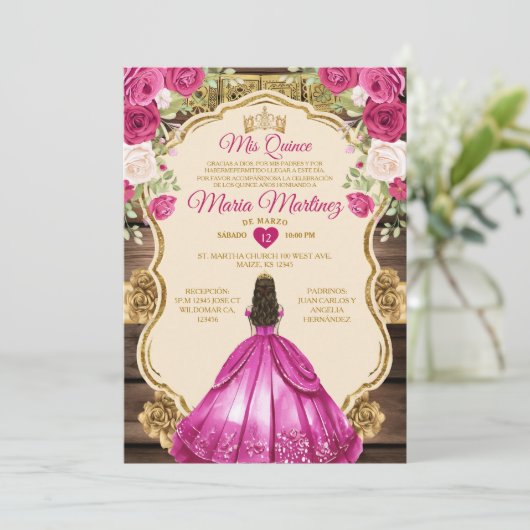 明るい赤紫色スペインのピンクフローラウッドミスカンス 招待状 (スタンド正面)