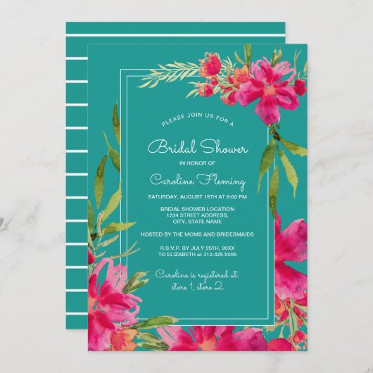 明るい赤紫色ターコイズフローラ水彩ブライダルシャワー 招待状 (正面/裏面)
