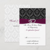 明るい赤紫色ダマフェイクスリボン結婚ディアマン 出欠カード (正面/裏面)