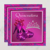 明るい赤紫色ティアラハイヒールシューズホットピンクキンセアニェラ 招待状 (正面/裏面)