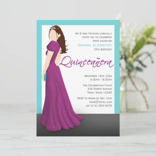 明るい赤紫色ドレスティアラターコイズキンセアニラ 招待状 (スタンド正面)