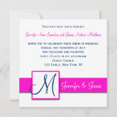 明るい赤紫色ネービーブルーダマスクモノグラム招待状 招待状 (裏面)