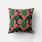 明るい赤紫色ハイビスカスとバナナの葉のモチーフ クッション (裏面)