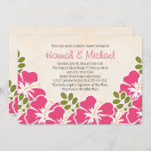 明るい赤紫色ハイビスカストロピカルテーマカップルシャワー 招待状 (正面/裏面)