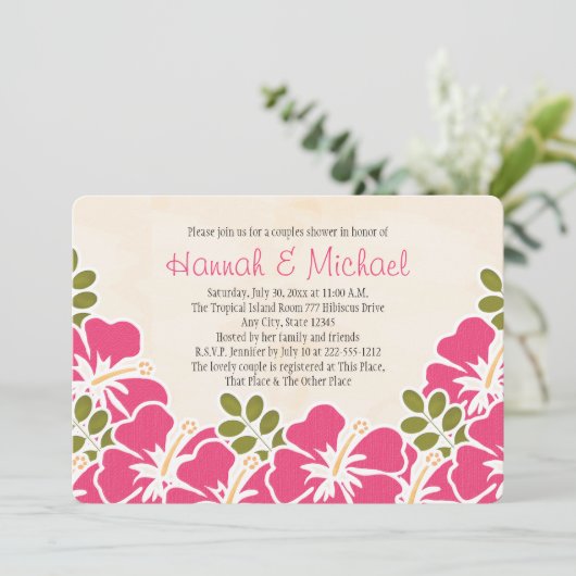 明るい赤紫色ハイビスカストロピカルテーマカップルシャワー 招待状 (スタンド正面)