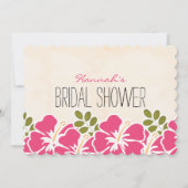 明るい赤紫色ハイビスカスハワイアンテーマドブライダルシャワー 招待状 (裏面)
