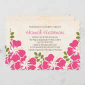 明るい赤紫色ハイビスカスハワイアンテーマドブライダルシャワー 招待状 (正面/裏面)