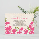 明るい赤紫色ハイビスカスハワイアンテーマドブライダルシャワー 招待状 (スタンド正面)