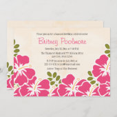 明るい赤紫色ハイビスカスハワイアン誕生日パーティー 招待状 (正面/裏面)