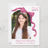 明るい赤紫色バラピンクボウアーチ写真卒業 招待状 (正面)