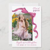 明るい赤紫色バラピンクボウアーチ写真卒業 案内状 (正面)