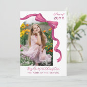 明るい赤紫色バラピンクボウアーチ写真卒業 案内状 (スタンド正面)