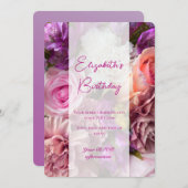 明るい赤紫色バラ誕生日招待状カード サンキューカード (正面/裏面)