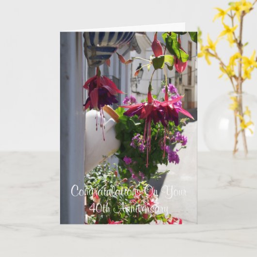 明るい赤紫色パーソナライズされた40結婚周年 カード (黄色い花)