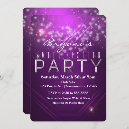 明るい赤紫色パープルスパークルクラブヴィベパーティの招待状 招待状 (正面/裏面)