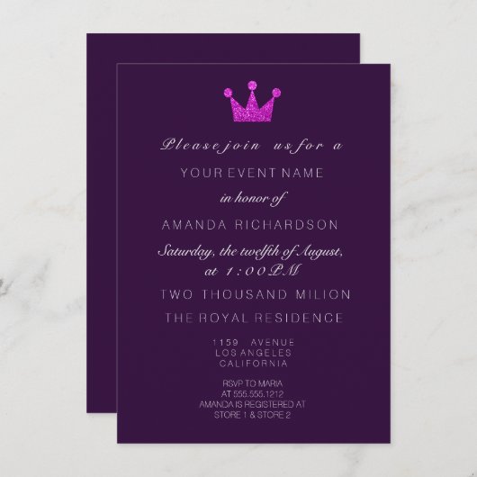 明るい赤紫色パープルピンク王室のクラウングリッター16ブライダル 招待状 (正面/裏面)