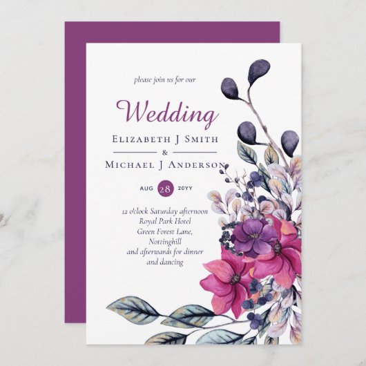 明るい赤紫色パープルピンク結婚フローラ 招待状 (正面/裏面)
